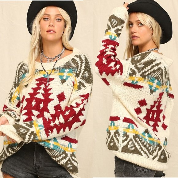 New Cozy Yellowstone Tribal Aztec Printed Pullover Crew Sweater - Picture 2 of 6